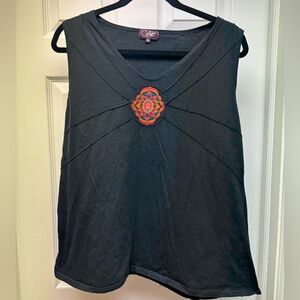 Coline Black Sleeveless Top with Colorful Embroidered Mandala | Size 3XL